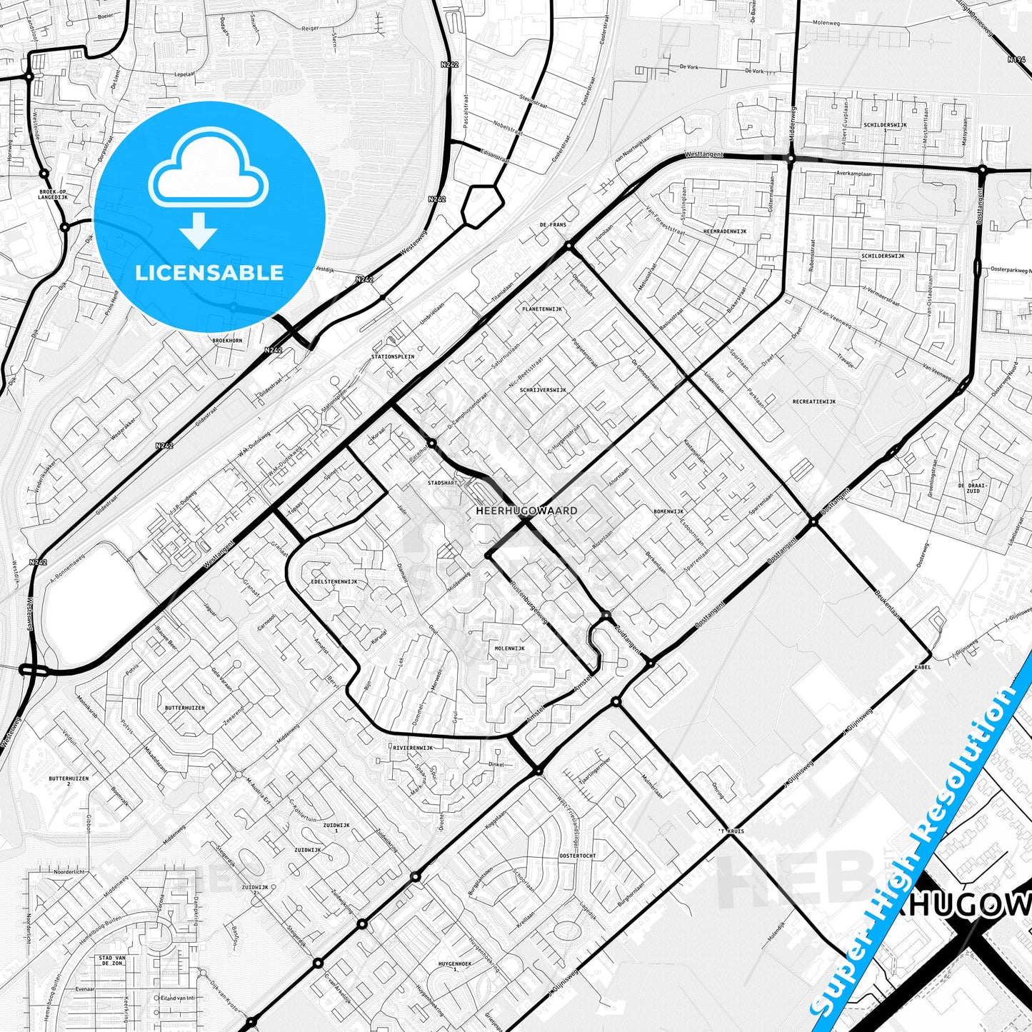 Heerhugowaard, Netherlands Light Map with Street Names, City Names, and Districts