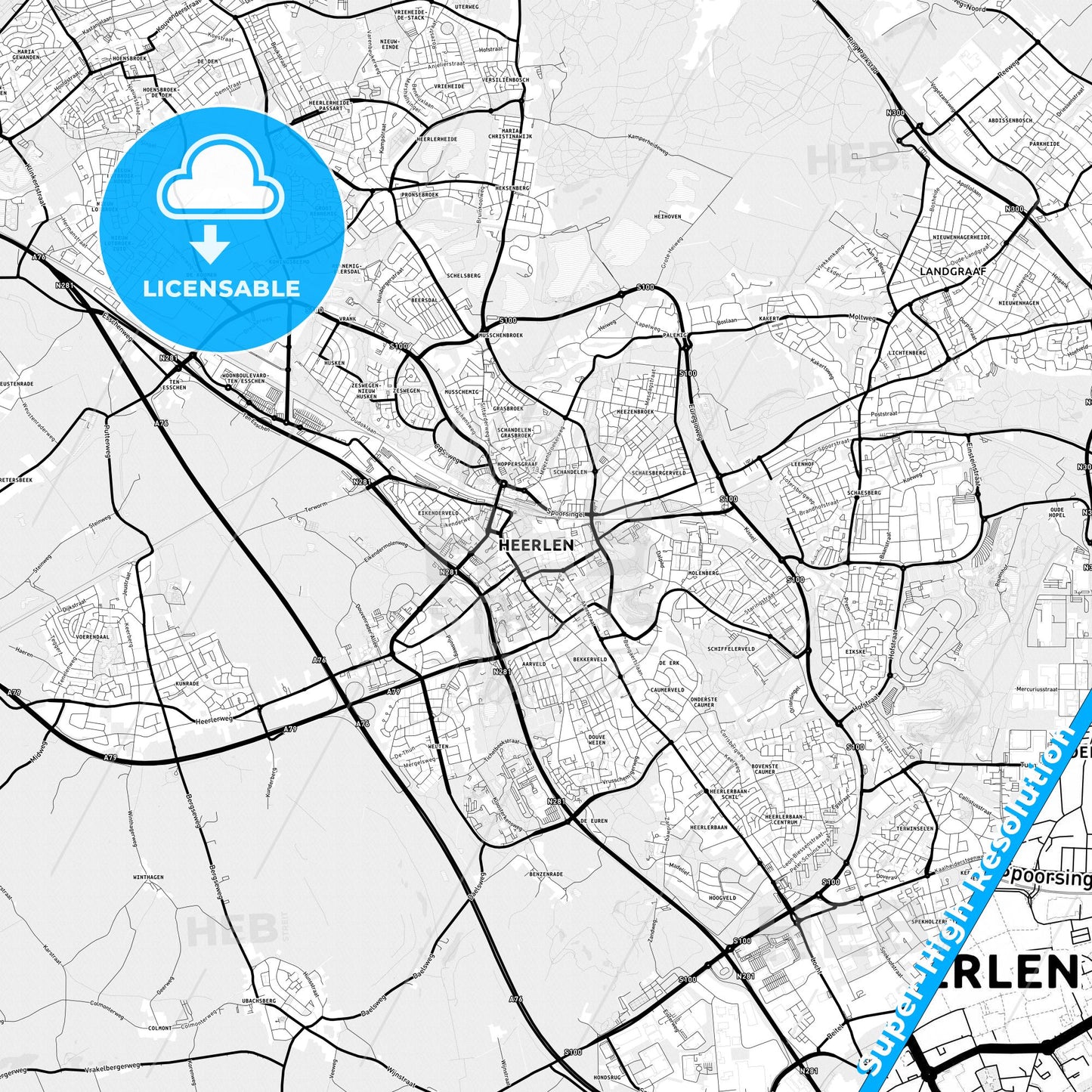 Heerlen, Netherlands Light Map with Street Names, City Names, and Districts