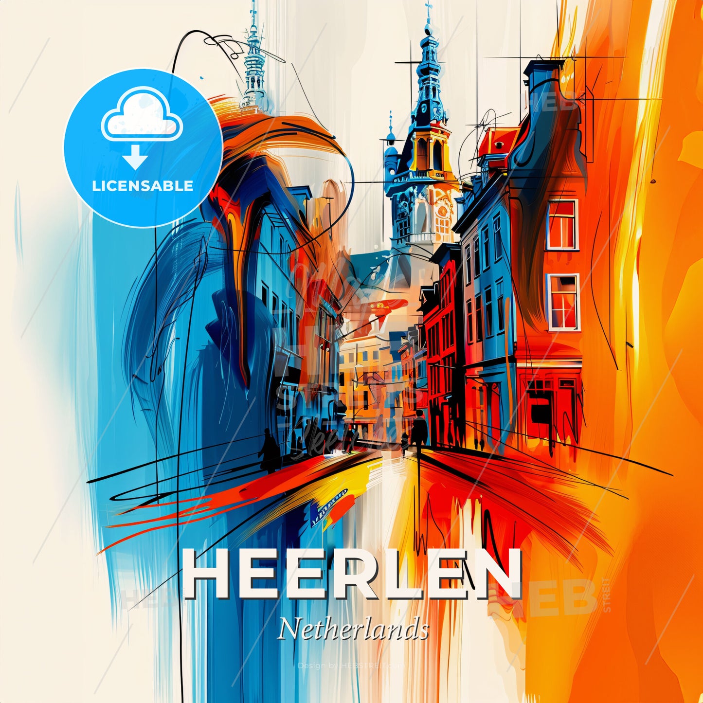 Vibrant Heerlen, Netherlands - A Painting Of A Street With Buildings And A Tower - Square format print template