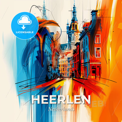 Vibrant Heerlen, Netherlands - A Painting Of A Street With Buildings And A Tower - Square format print template