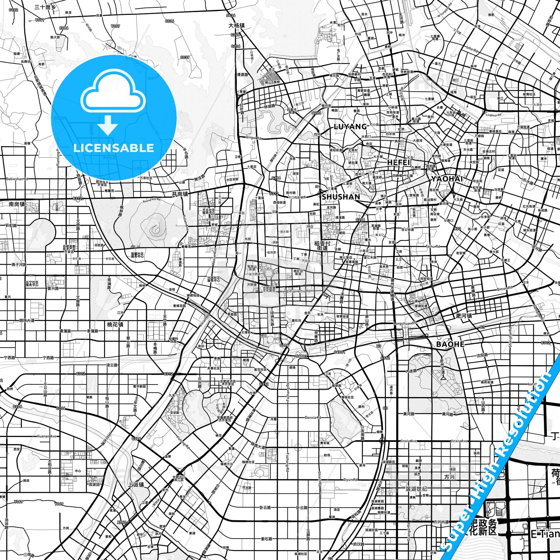 Hefei, China light map with streetnames, citynames and districts