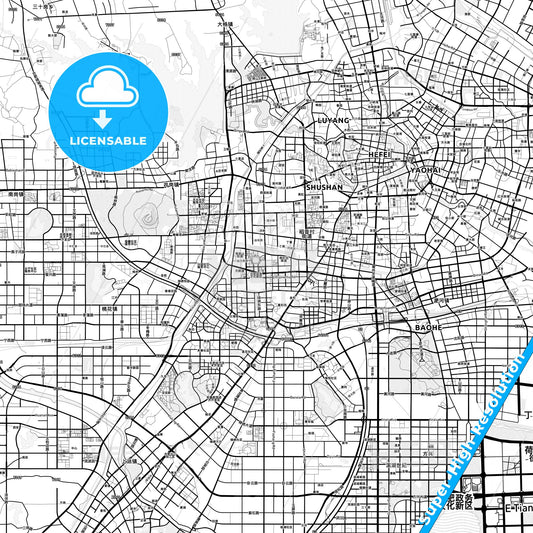 Hefei, China light map with streetnames, citynames and districts