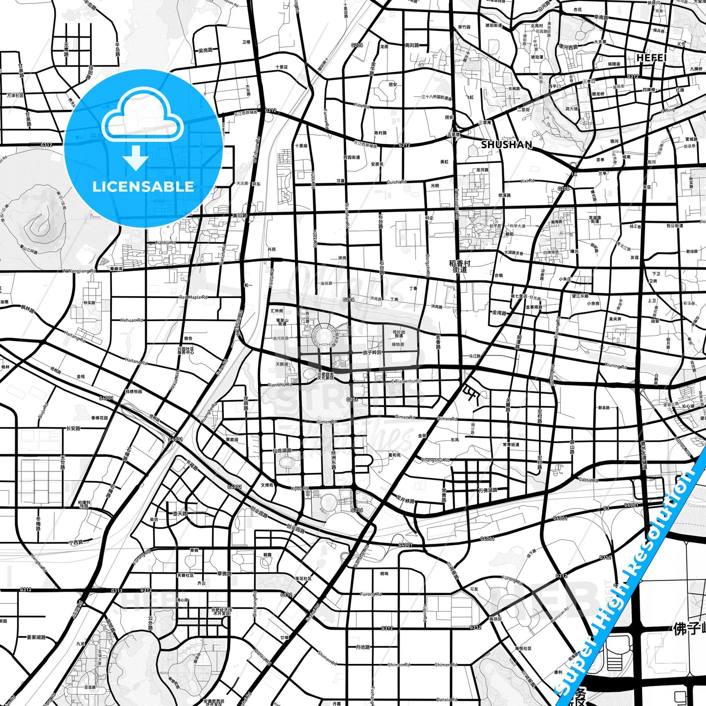 Hefei, China Light Map with Street Names, City Names, and Districts