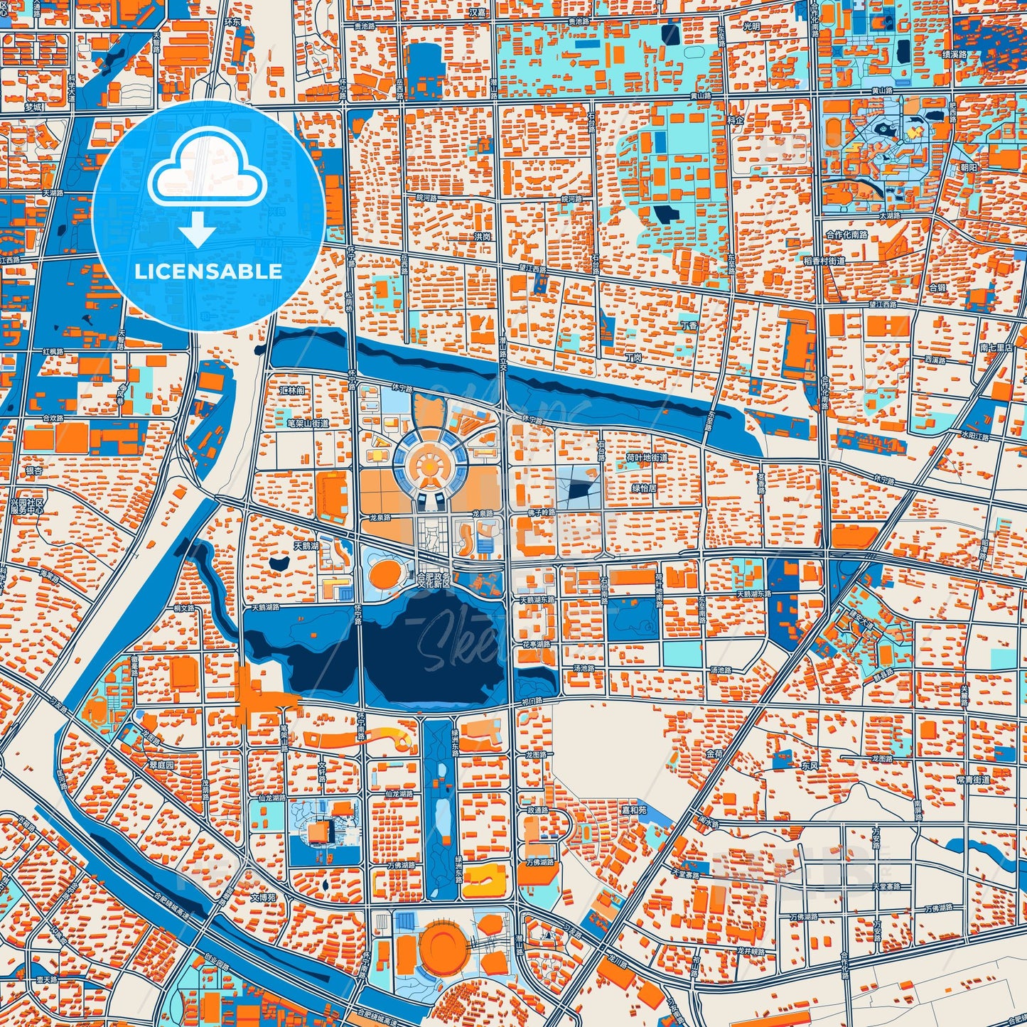 Colorful Hefei Street Map with Labels and Buildings