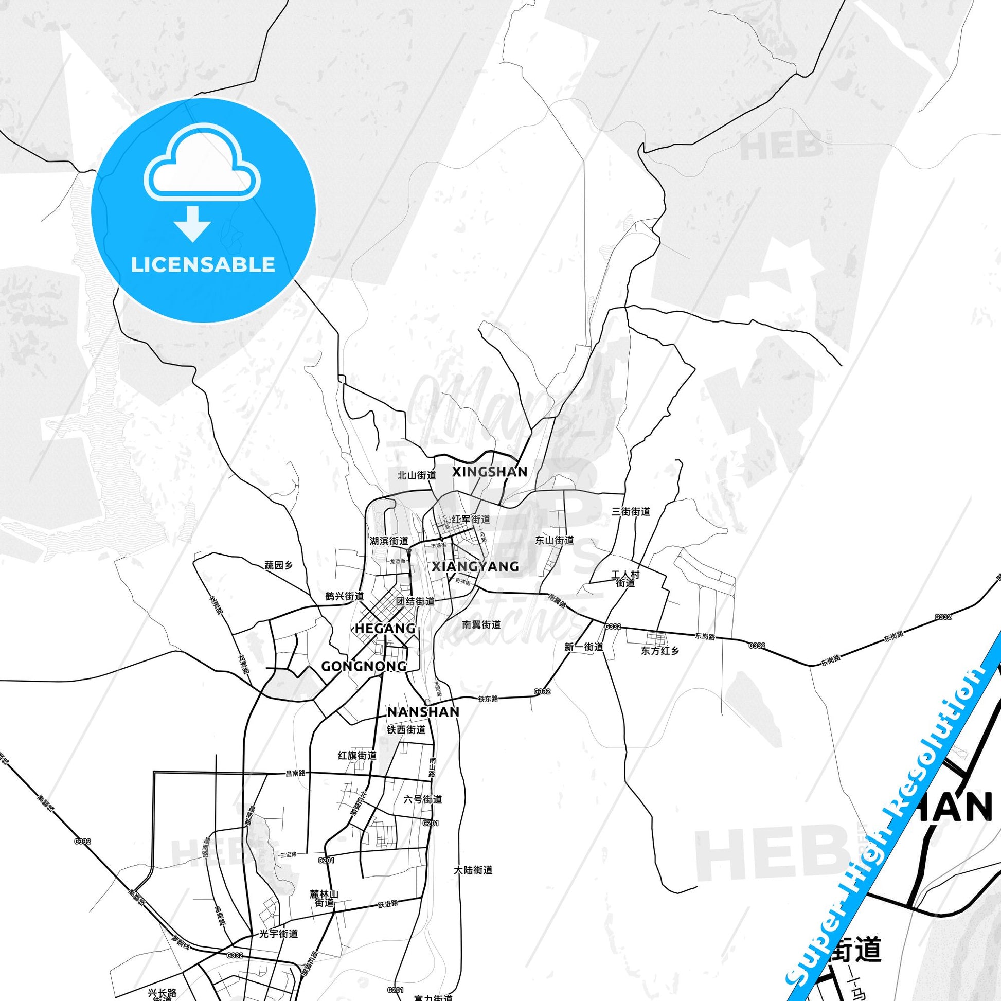 Hegang, China light map with streetnames, citynames and districts