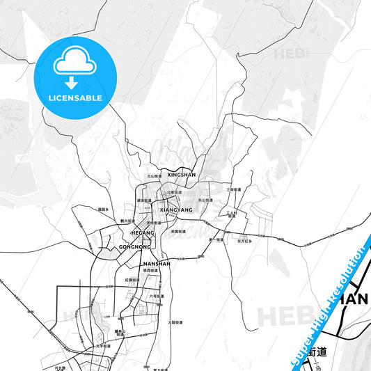 Hegang, China light map with streetnames, citynames and districts