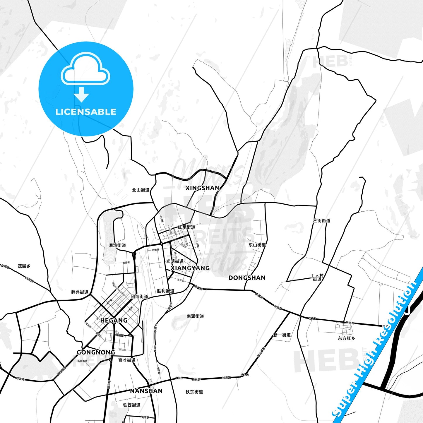 Hegang, China Light Map with Street Names, City Names, and Districts
