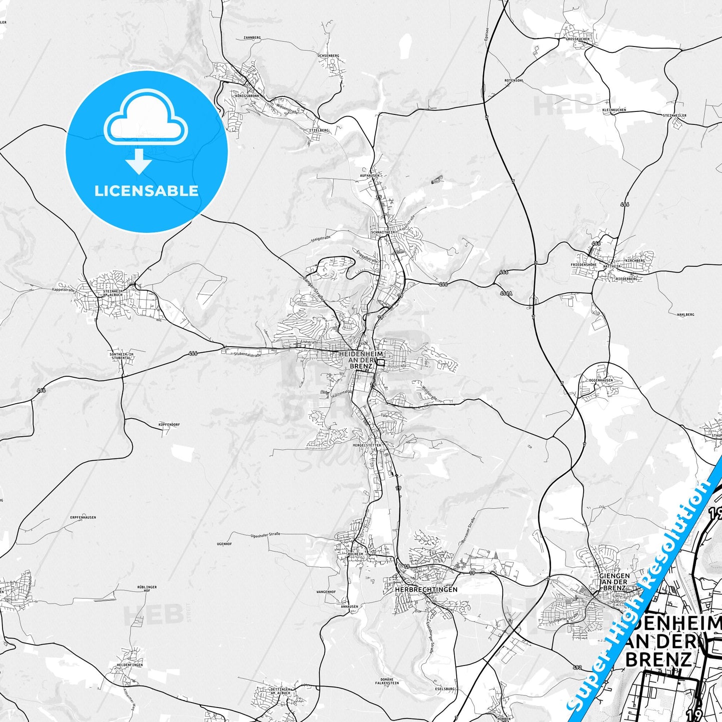 Heidenheim an der Brenz, Germany light map with streetnames, citynames and districts