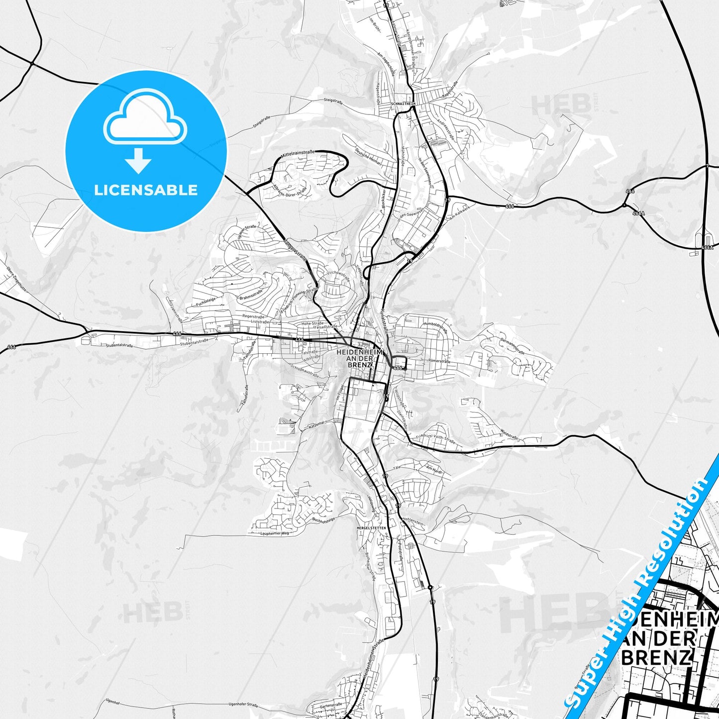 Heidenheim an der Brenz, Germany Light Map with Street Names, City Names, and Districts