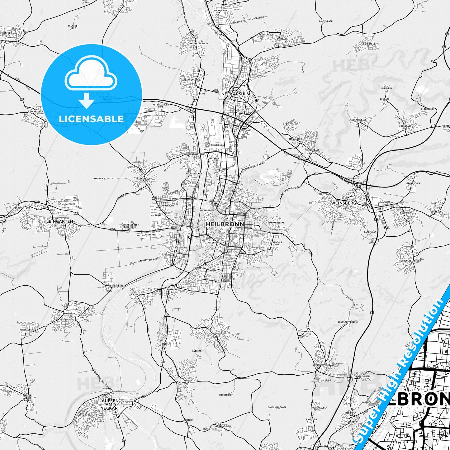 Heilbronn, Germany light map with streetnames, citynames and districts
