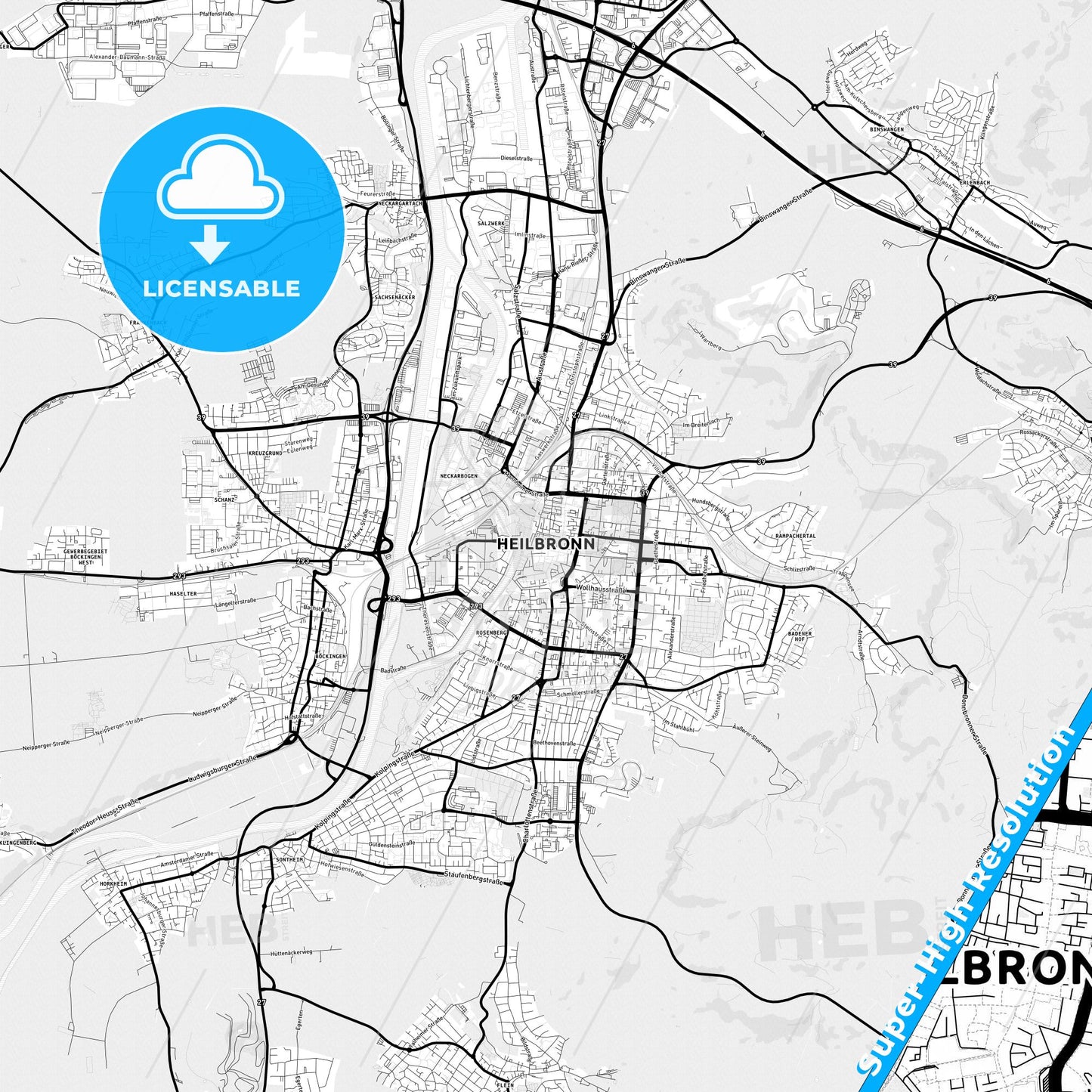 Heilbronn, Germany Light Map with Street Names, City Names, and Districts