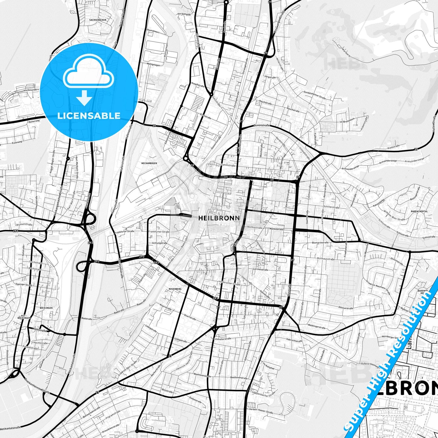 Heilbronn, Germany Light Map with Street Names, City Names, and Districts