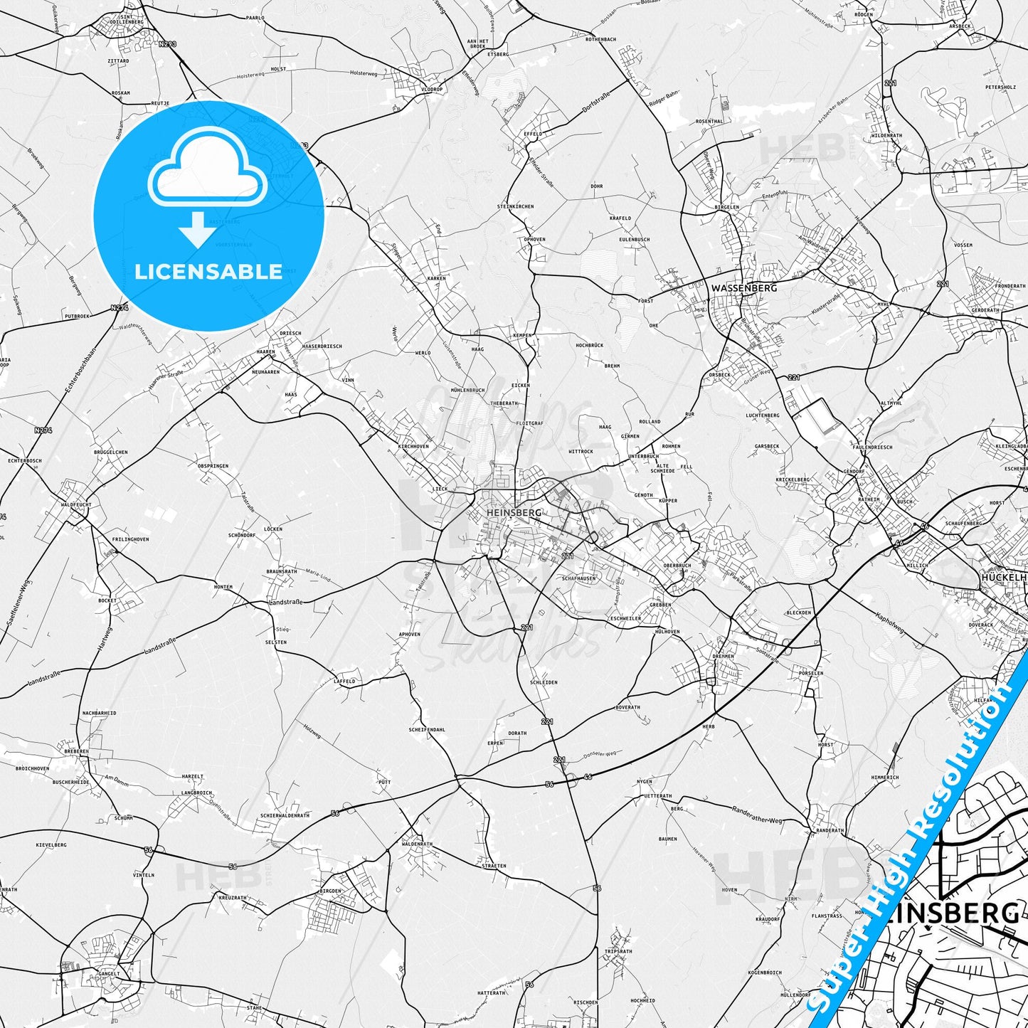 Heinsberg, Germany light map with streetnames, citynames and districts