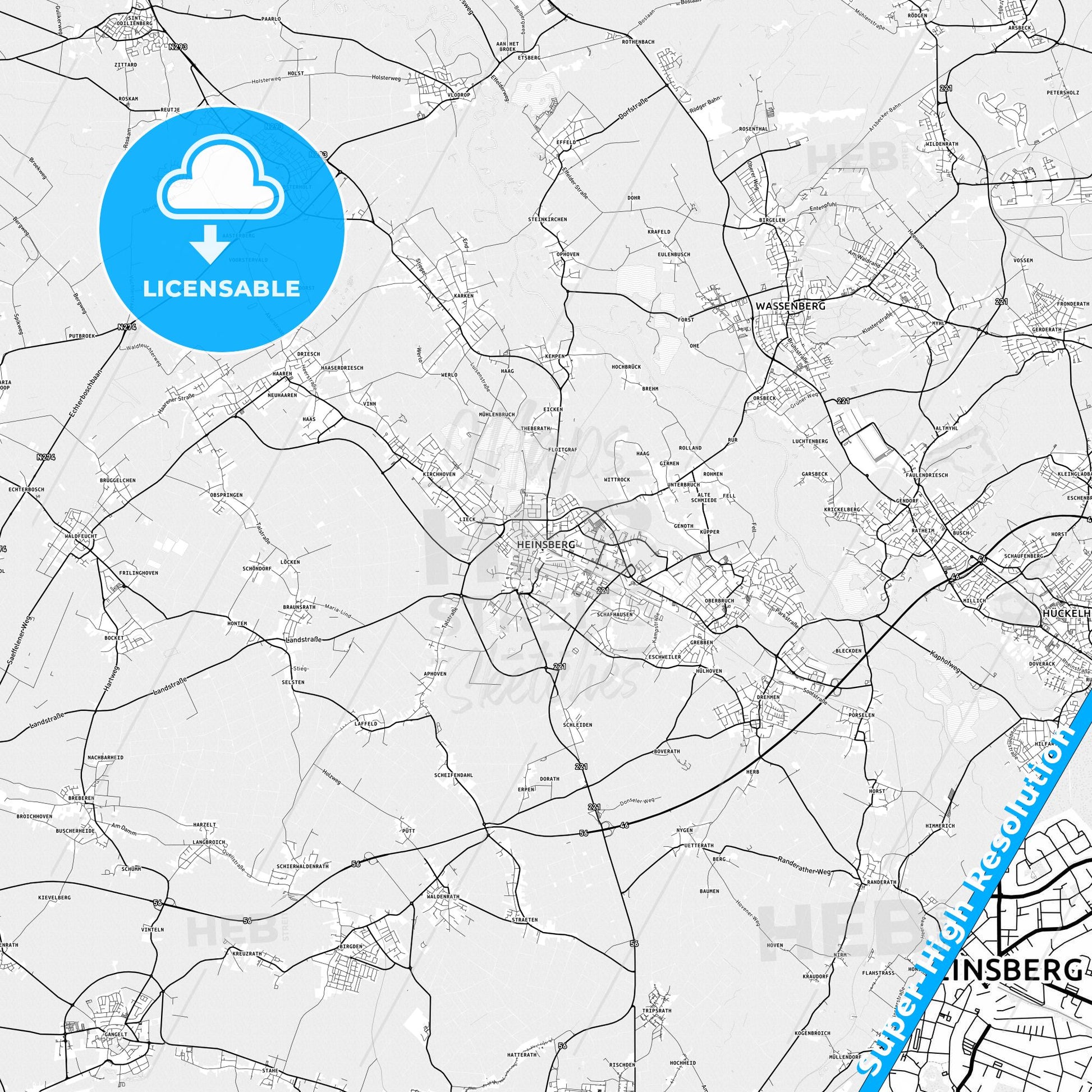 Heinsberg, Germany light map with streetnames, citynames and districts