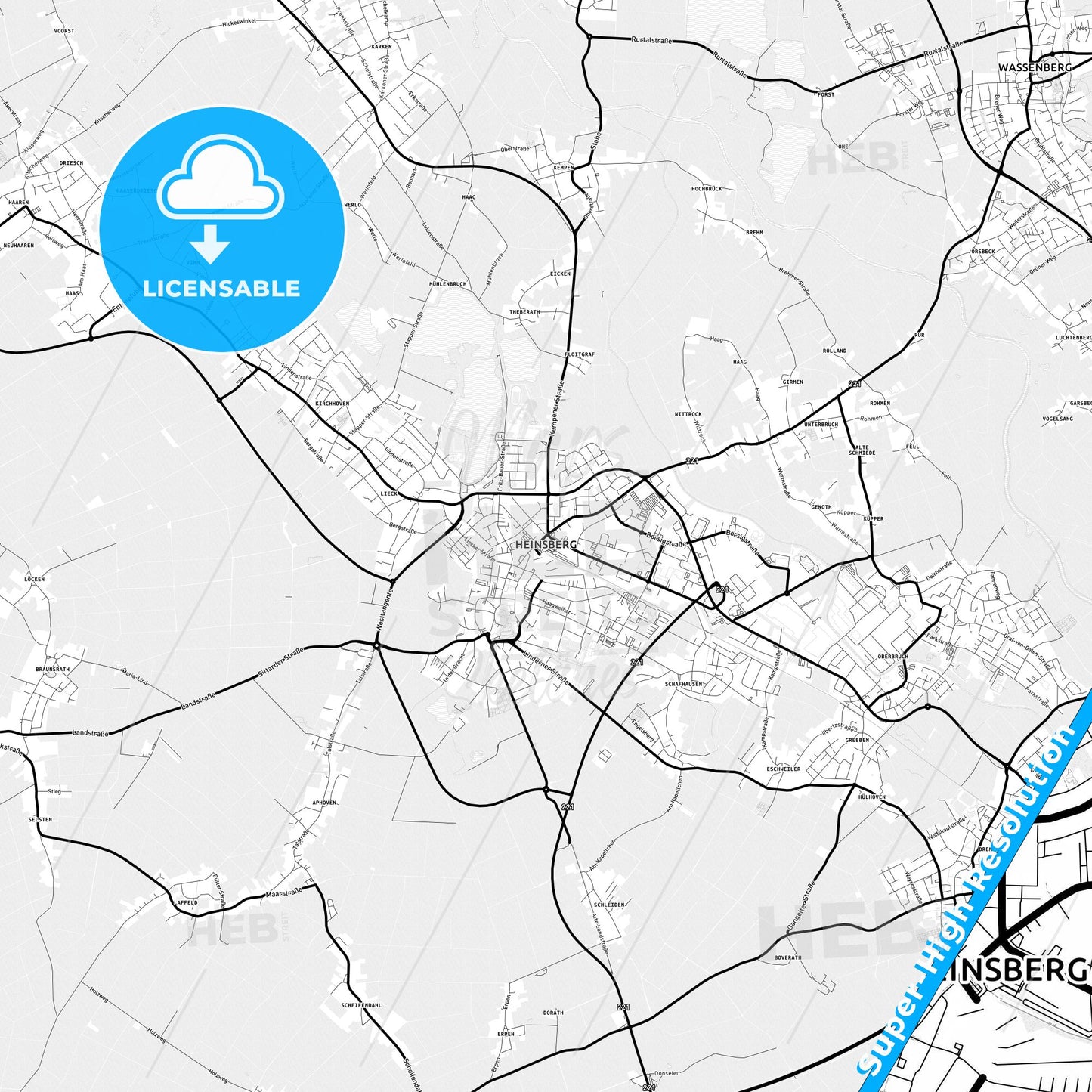 Heinsberg, Germany Light Map with Street Names, City Names, and Districts