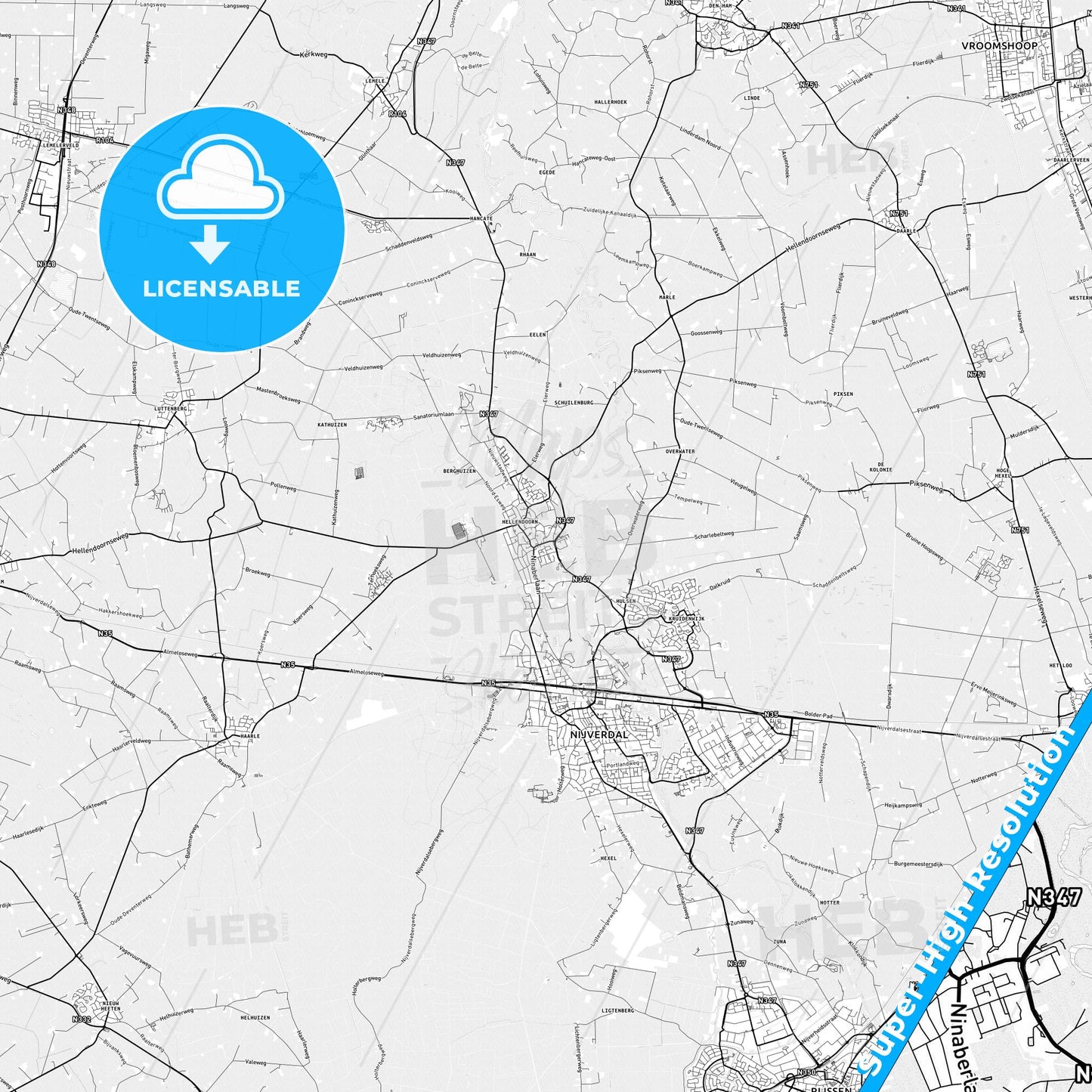 Hellendoorn, Netherlands light map with streetnames, citynames and districts