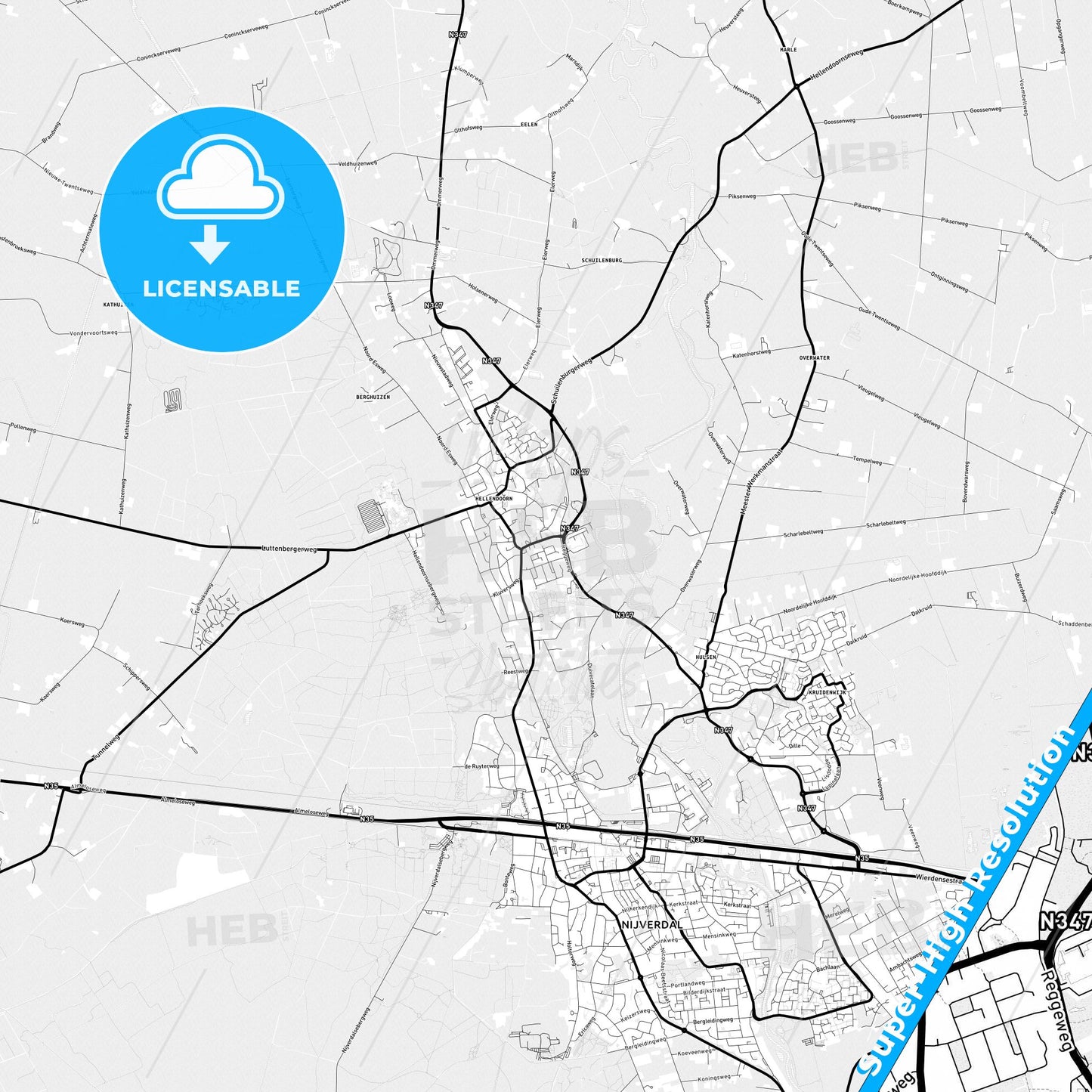 Hellendoorn, Netherlands Light Map with Street Names, City Names, and Districts
