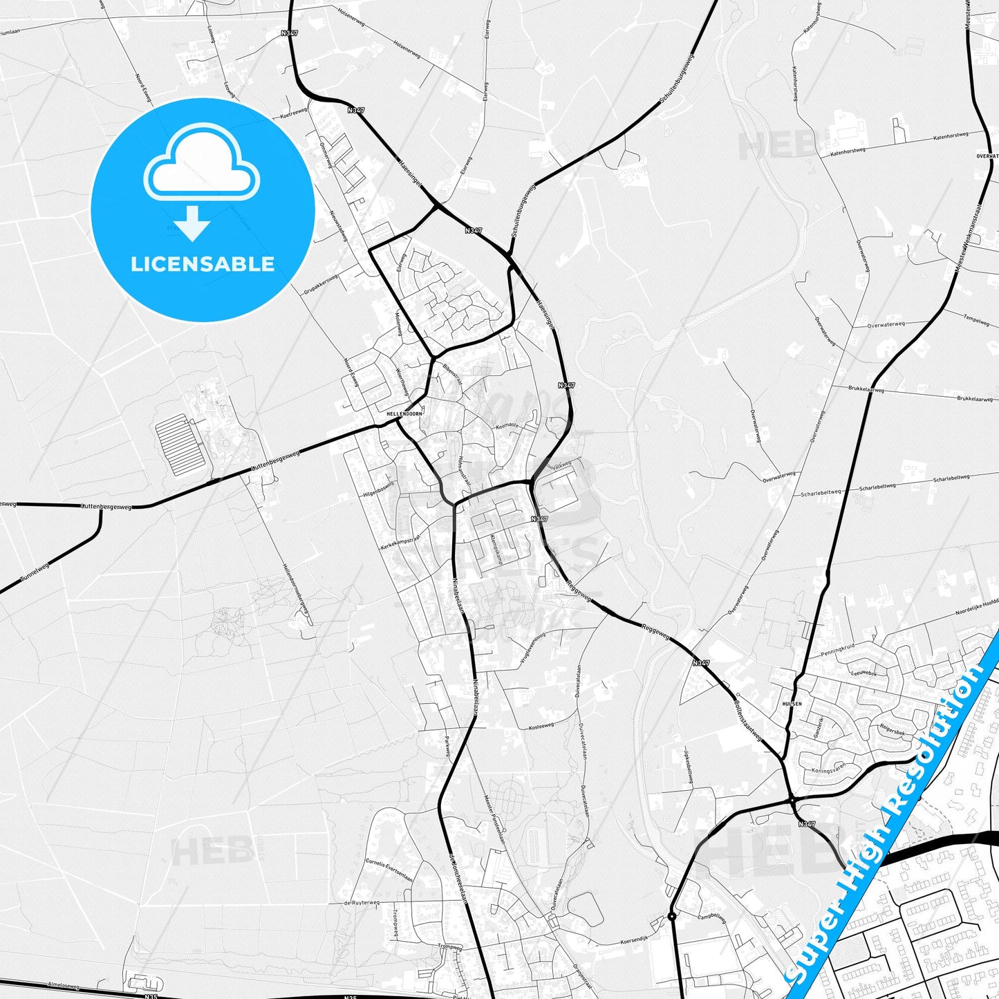 Hellendoorn, Netherlands Light Map with Street Names, City Names, and Districts