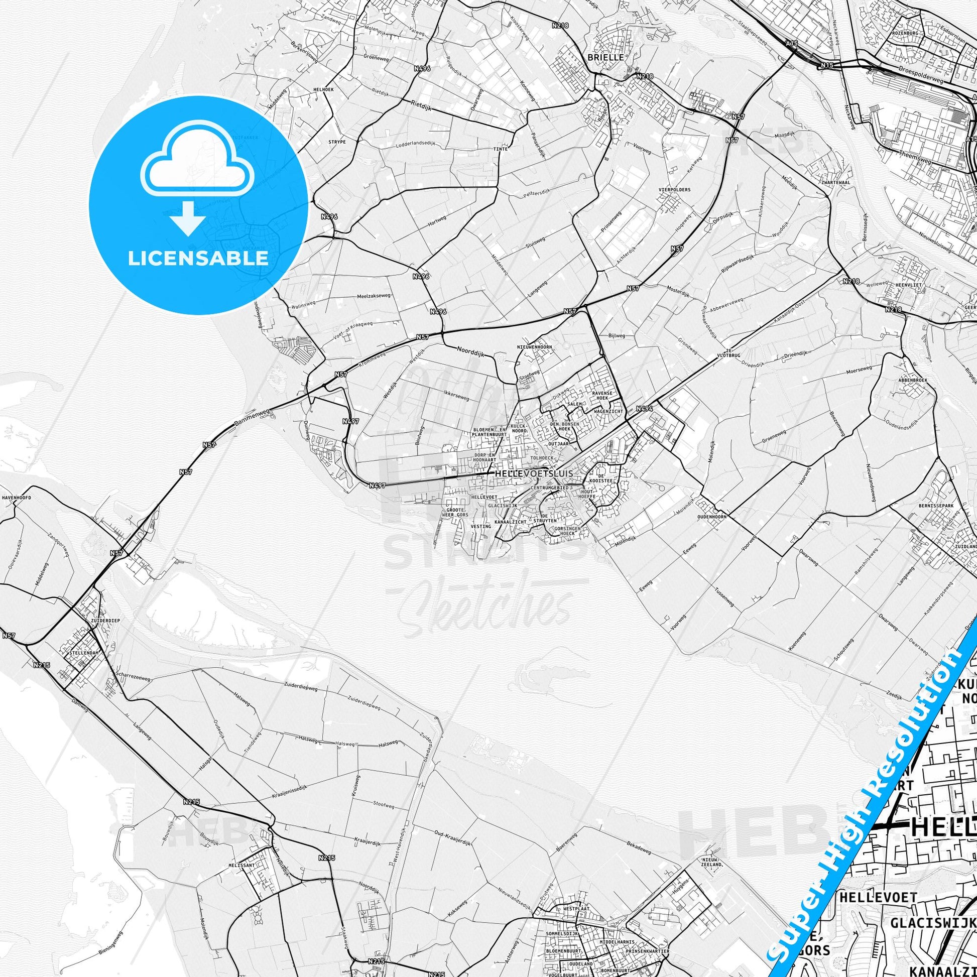 Hellevoetsluis, Netherlands light map with streetnames, citynames and districts