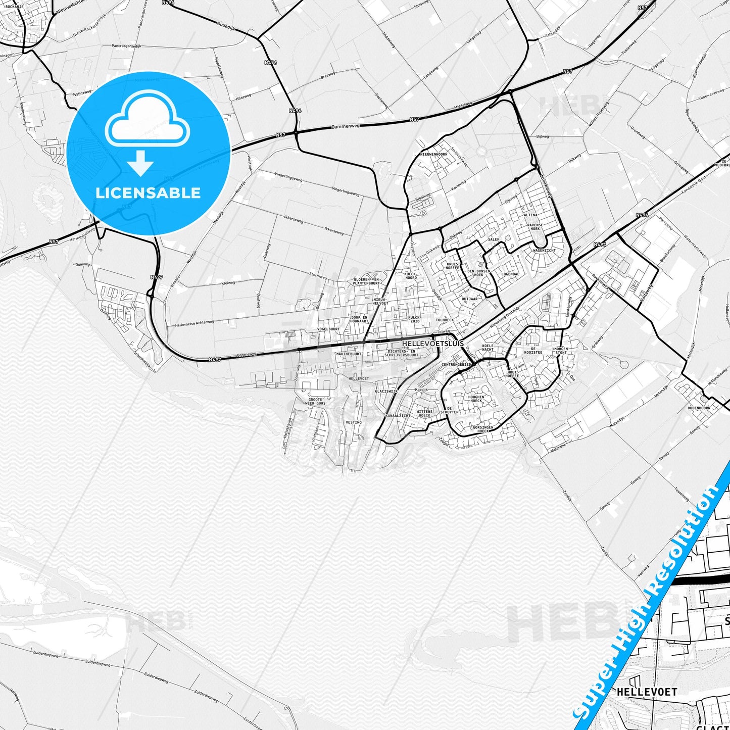 Hellevoetsluis, Netherlands Light Map with Street Names, City Names, and Districts