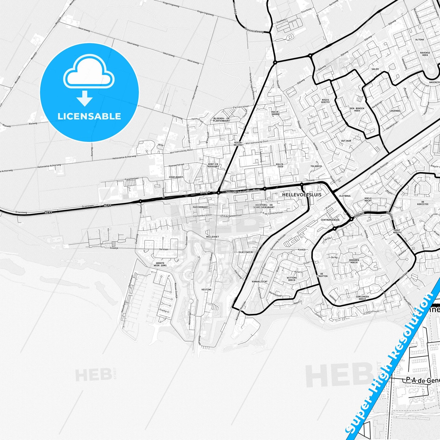 Hellevoetsluis, Netherlands Light Map with Street Names, City Names, and Districts