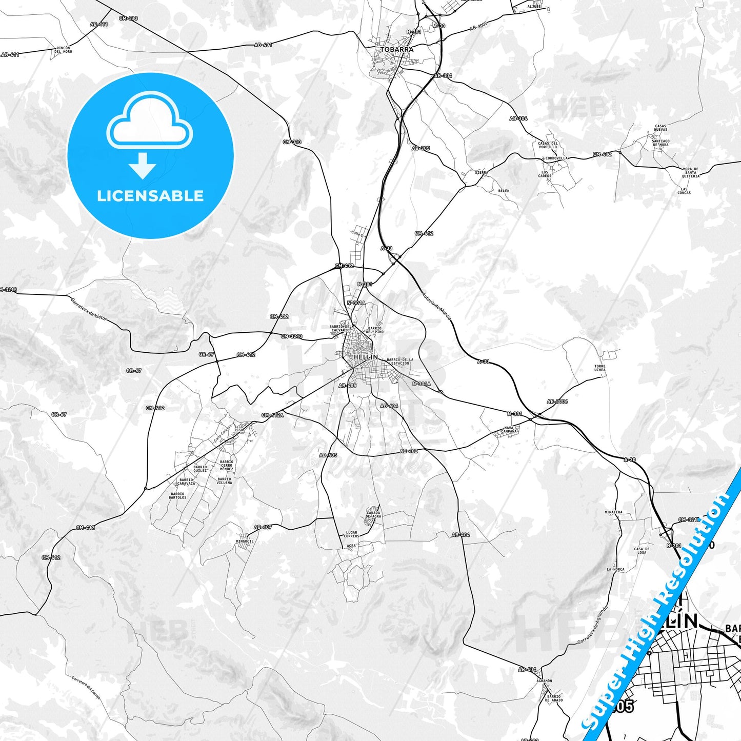 Hellín, Spain light map with streetnames, citynames and districts
