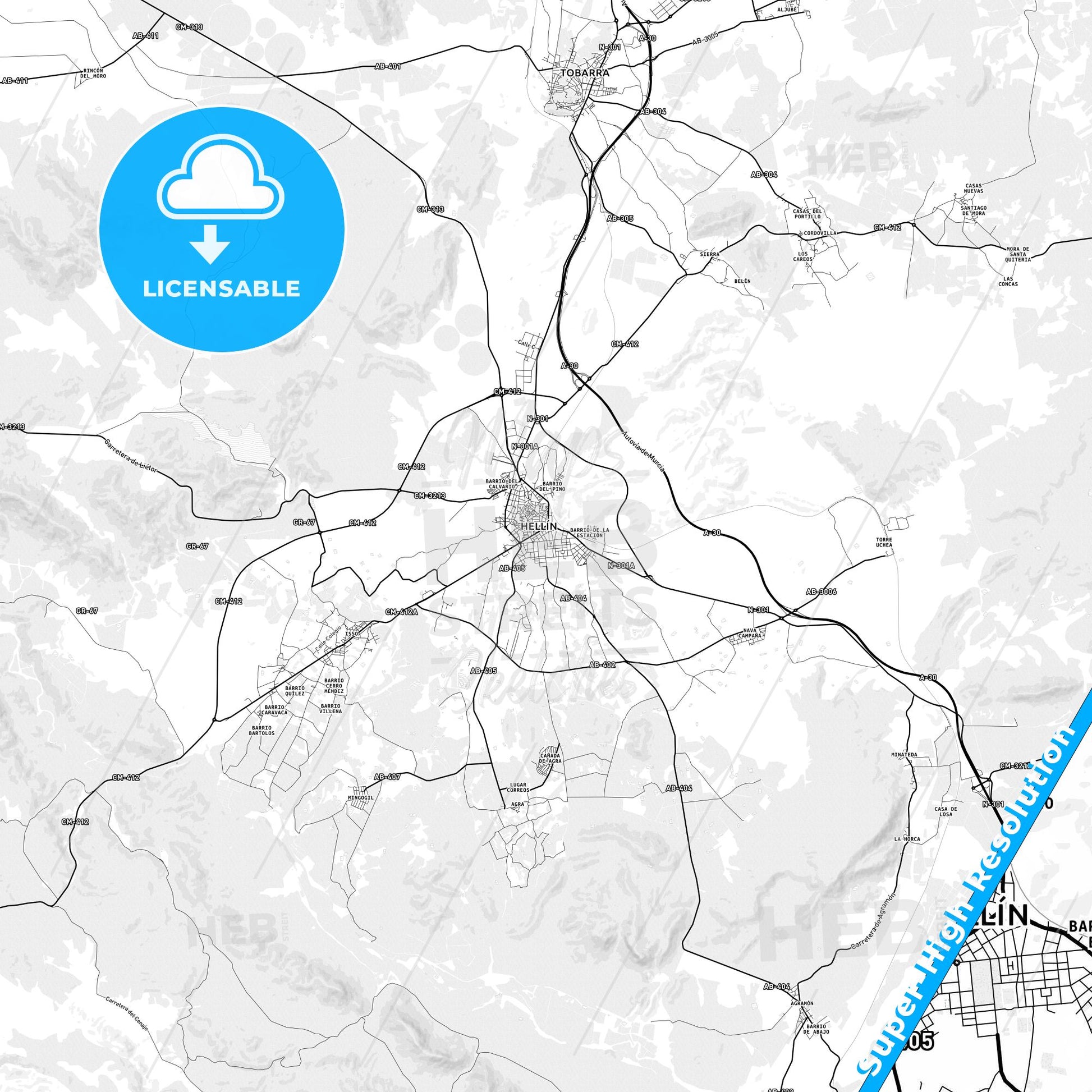 Hellín, Spain light map with streetnames, citynames and districts