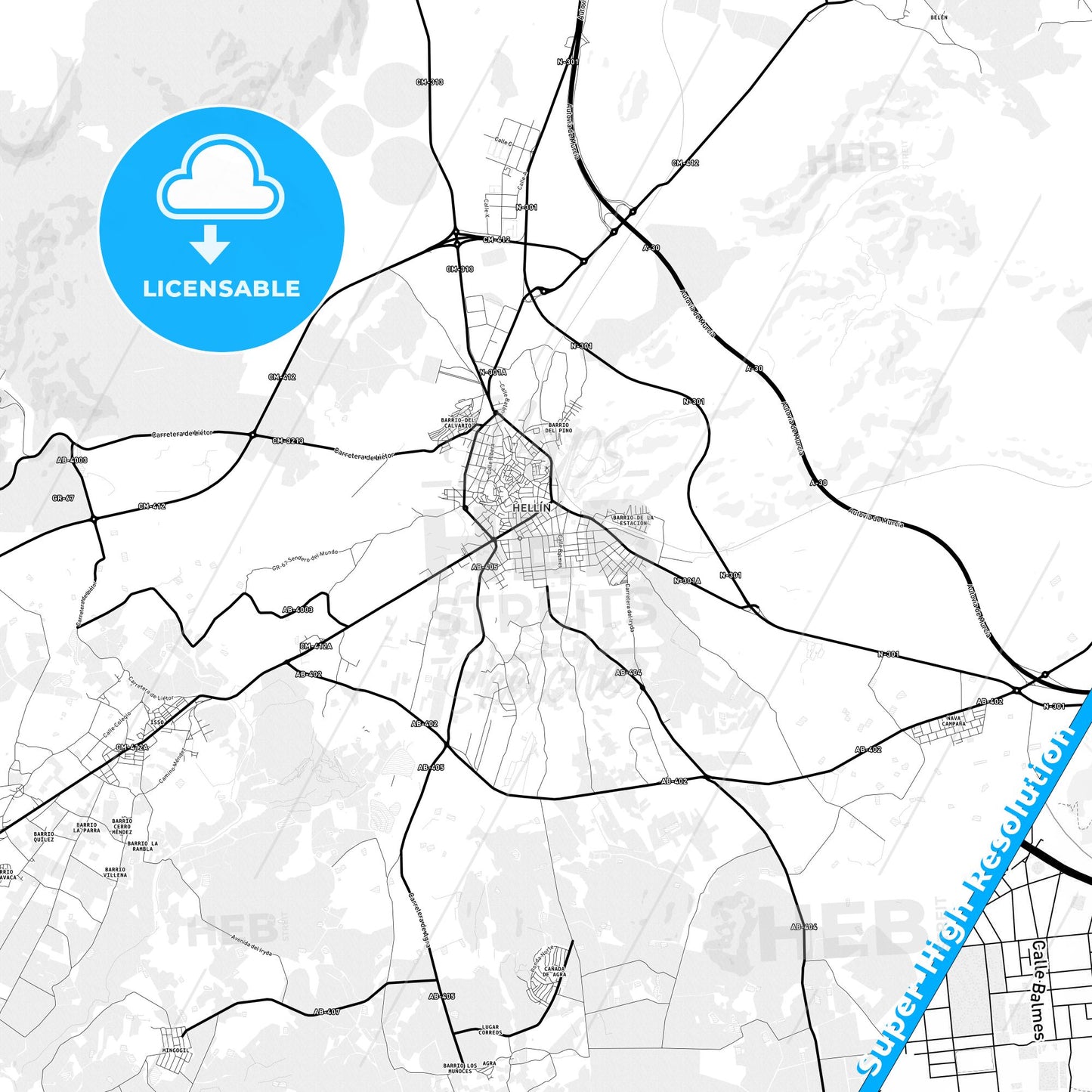 Hellín, Spain Light Map with Street Names, City Names, and Districts