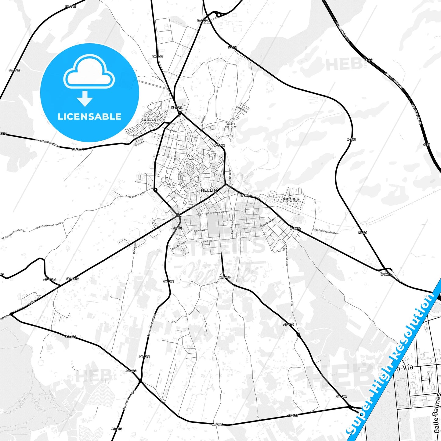 Hellín, Spain Light Map with Street Names, City Names, and Districts