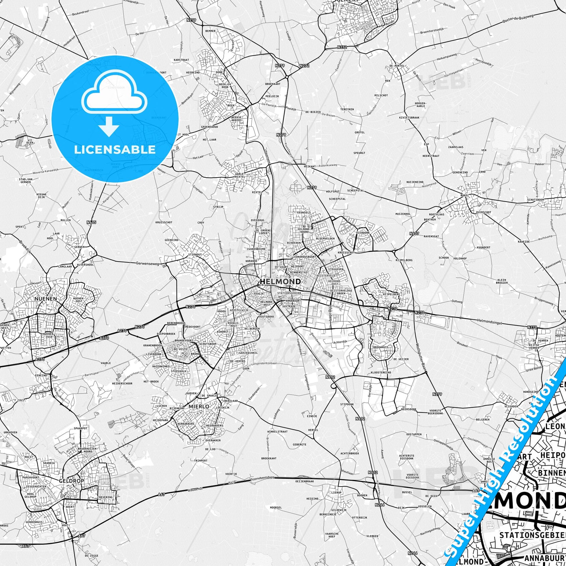 Helmond, Netherlands light map with streetnames, citynames and districts