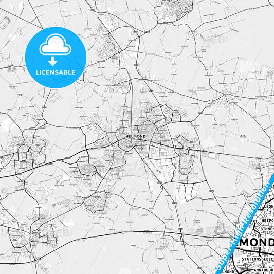 Helmond, Netherlands light map with streetnames, citynames and districts