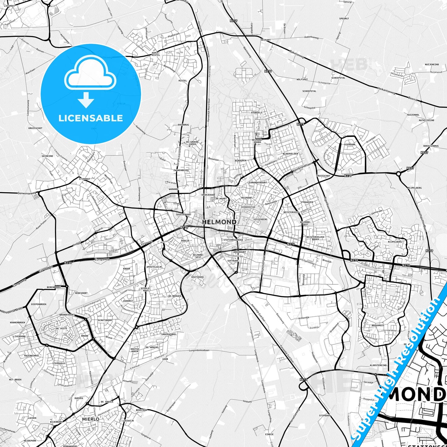Helmond, Netherlands Light Map with Street Names, City Names, and Districts