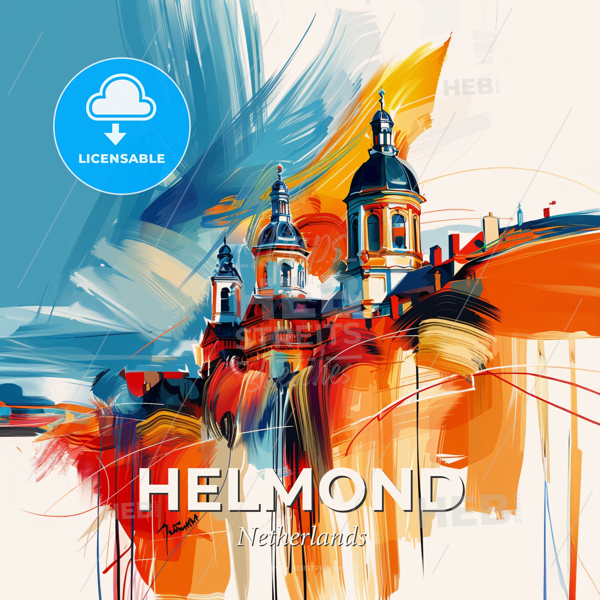 Vibrant Helmond, Netherlands - A Painting Of A Building With A Blue Sky - Square format print template