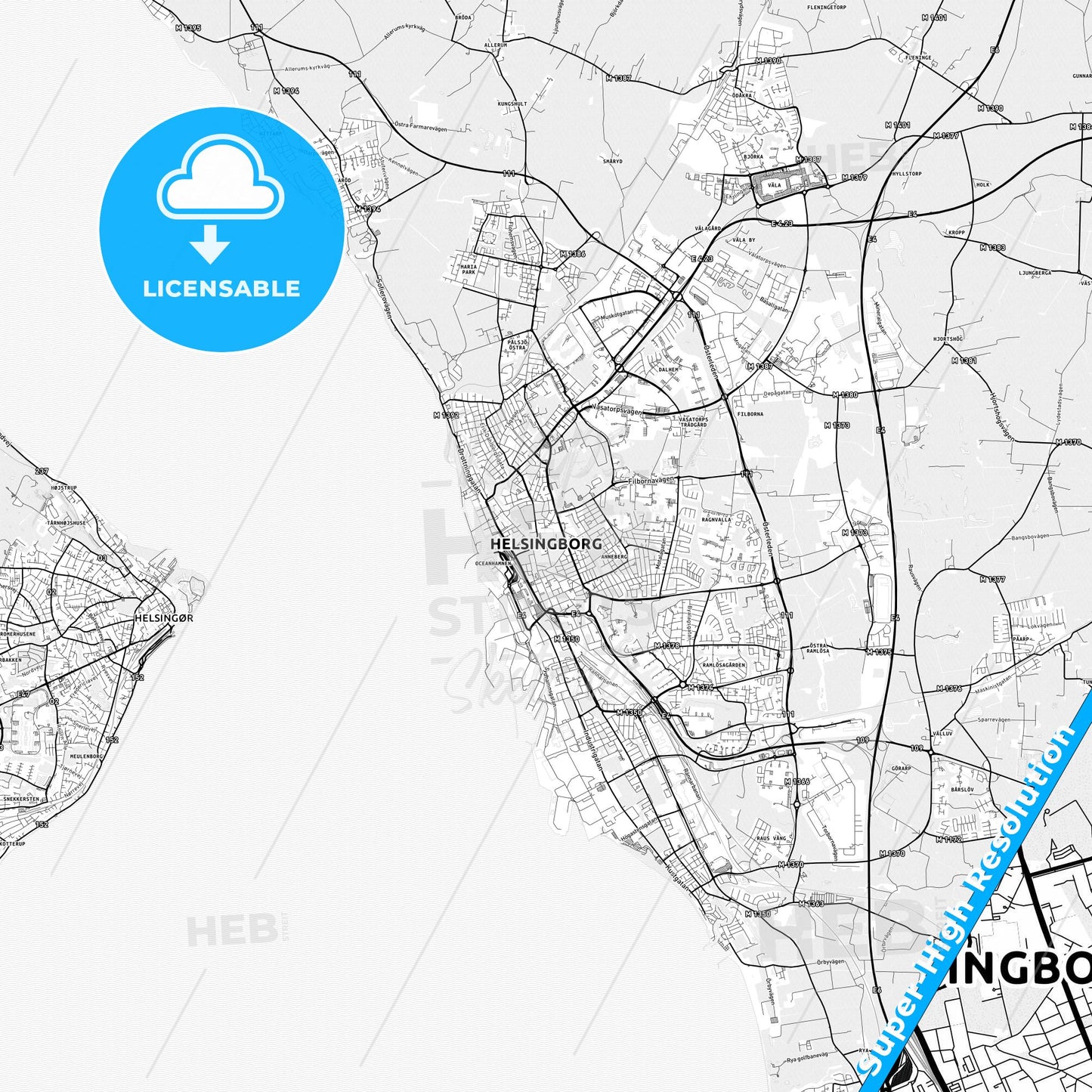 Helsingborg, Sweden light map with streetnames, citynames and districts