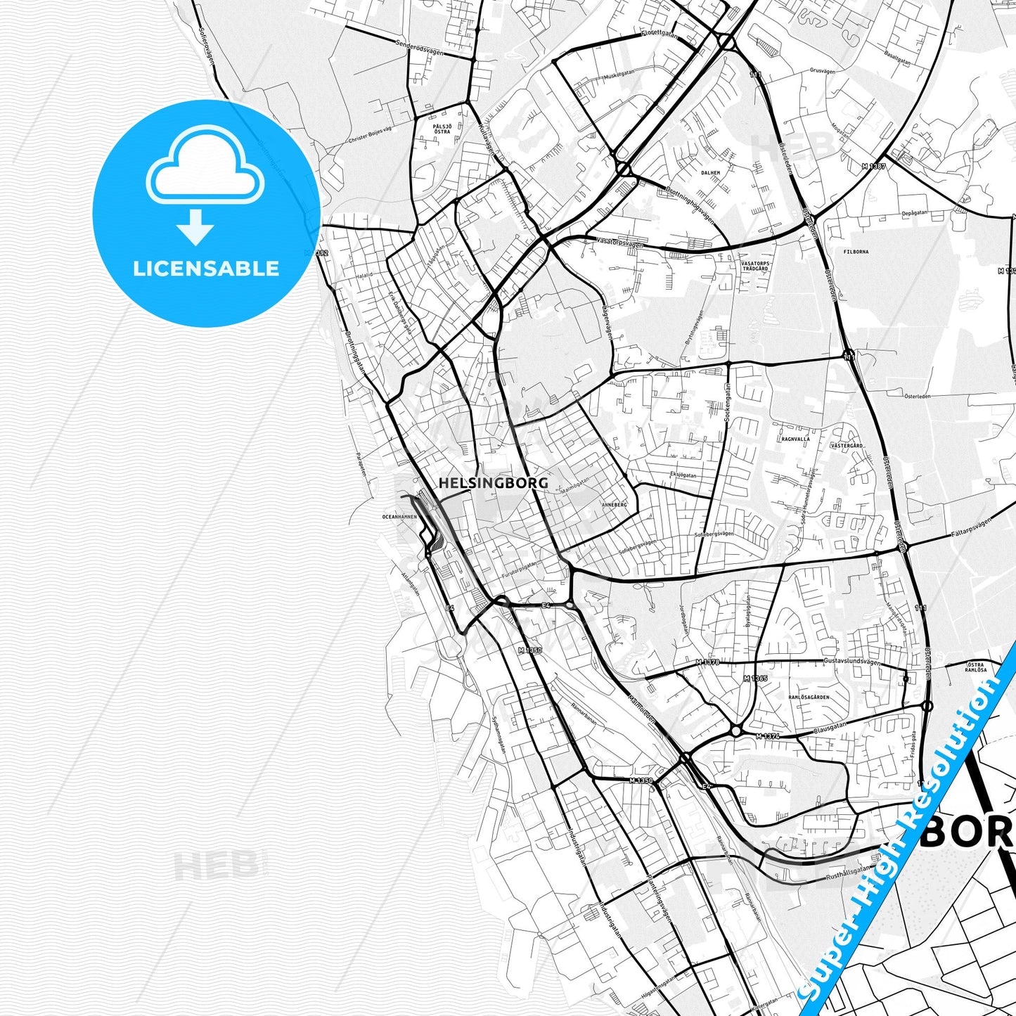 Helsingborg, Sweden Light Map with Street Names, City Names, and Districts