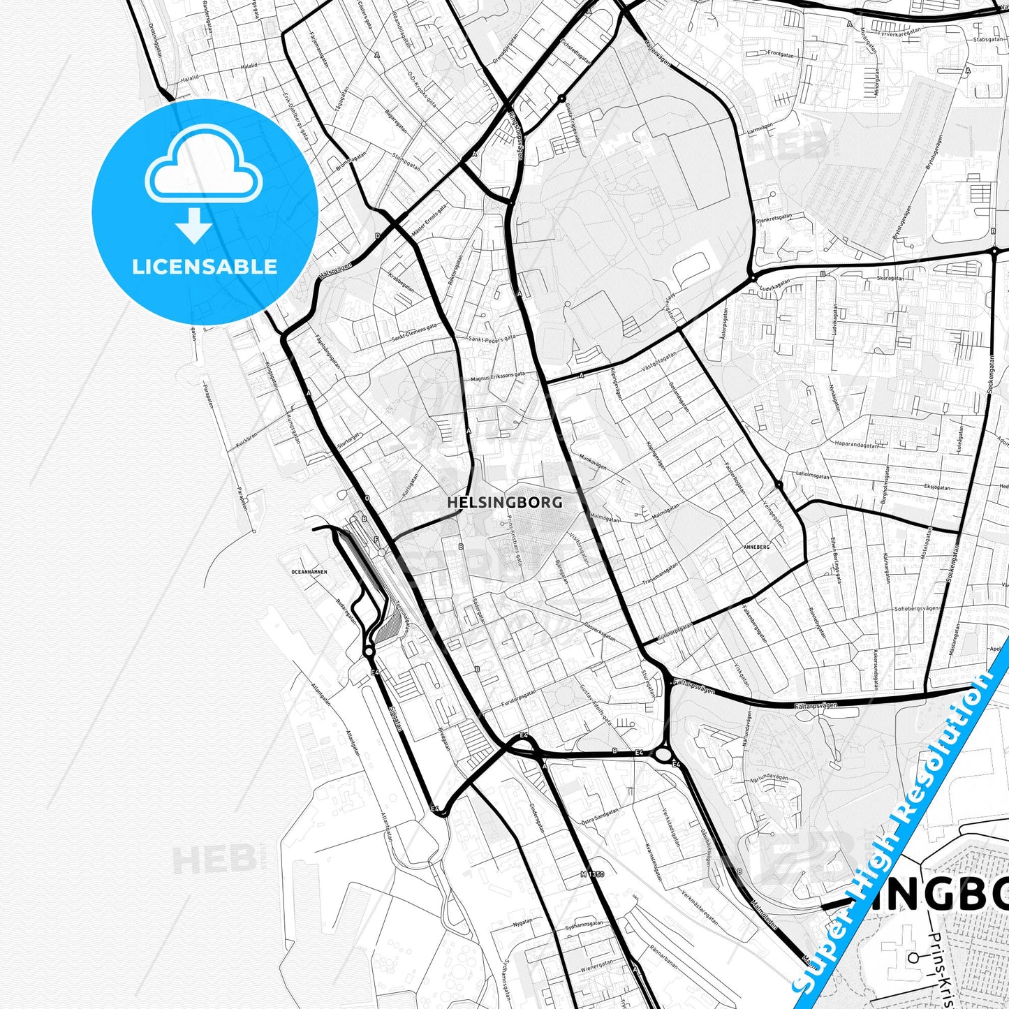 Helsingborg, Sweden Light Map with Street Names, City Names, and Districts