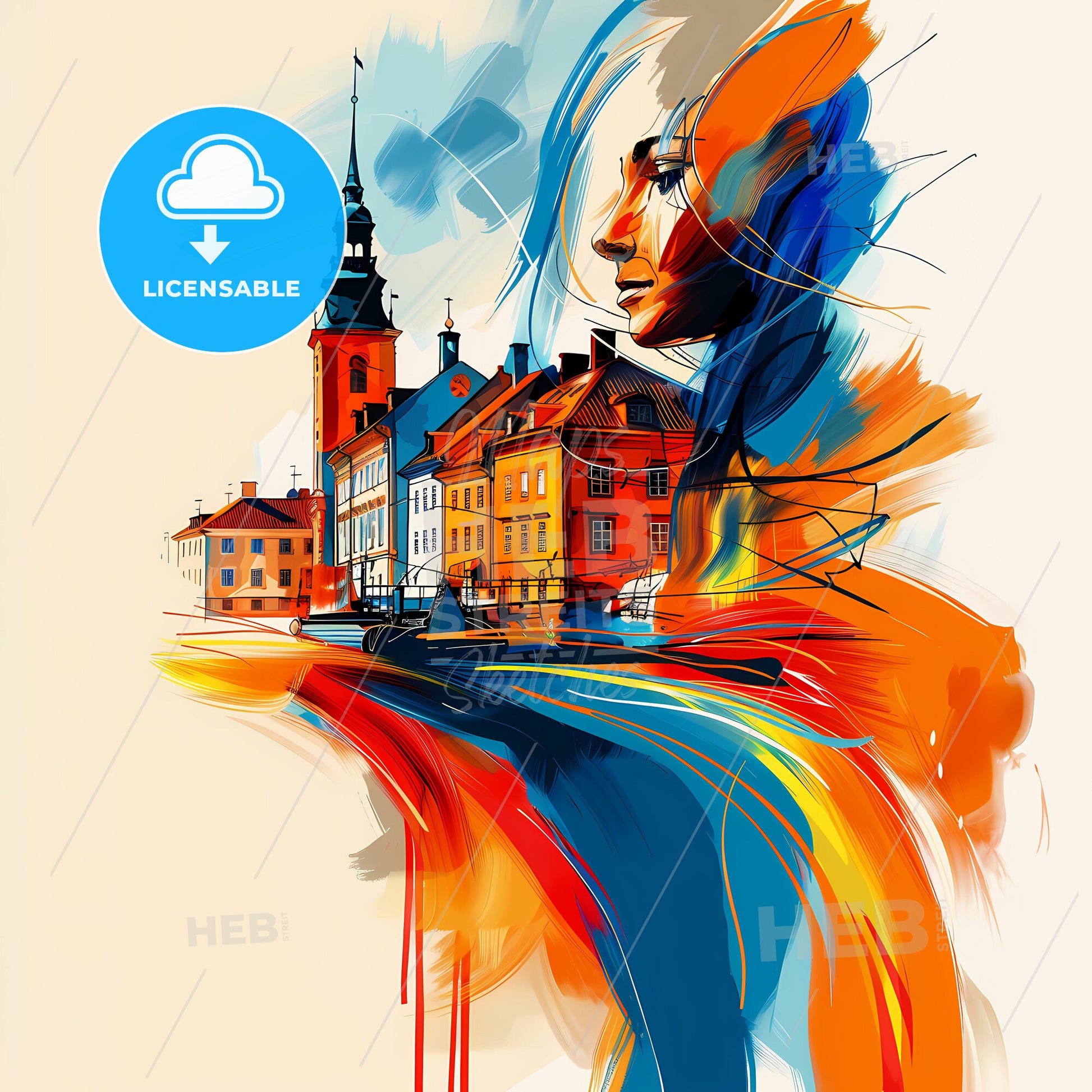 Vibrant Helsingborg, Sweden - A Painting Of A Person's Face And Buildings