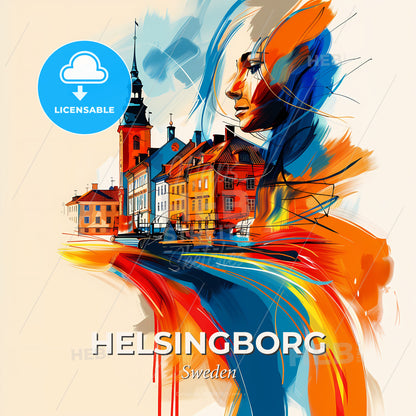 Vibrant Helsingborg, Sweden - A Painting Of A Person's Face And Buildings - Square format print template