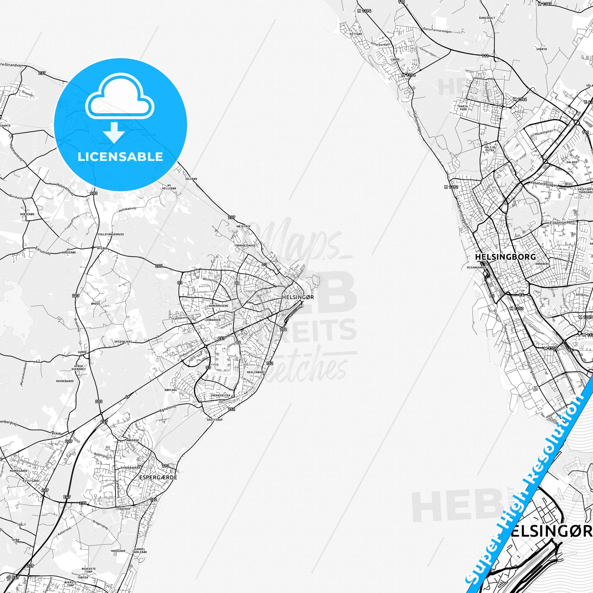 Helsingør, Denmark light map with streetnames, citynames and districts