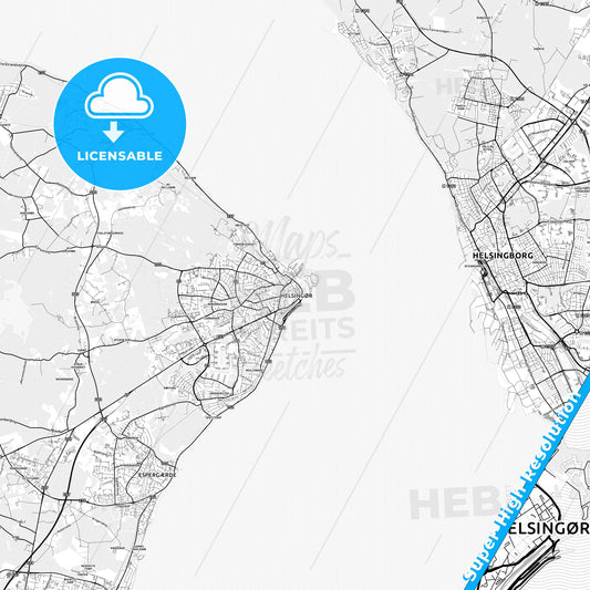 Helsingør, Denmark light map with streetnames, citynames and districts