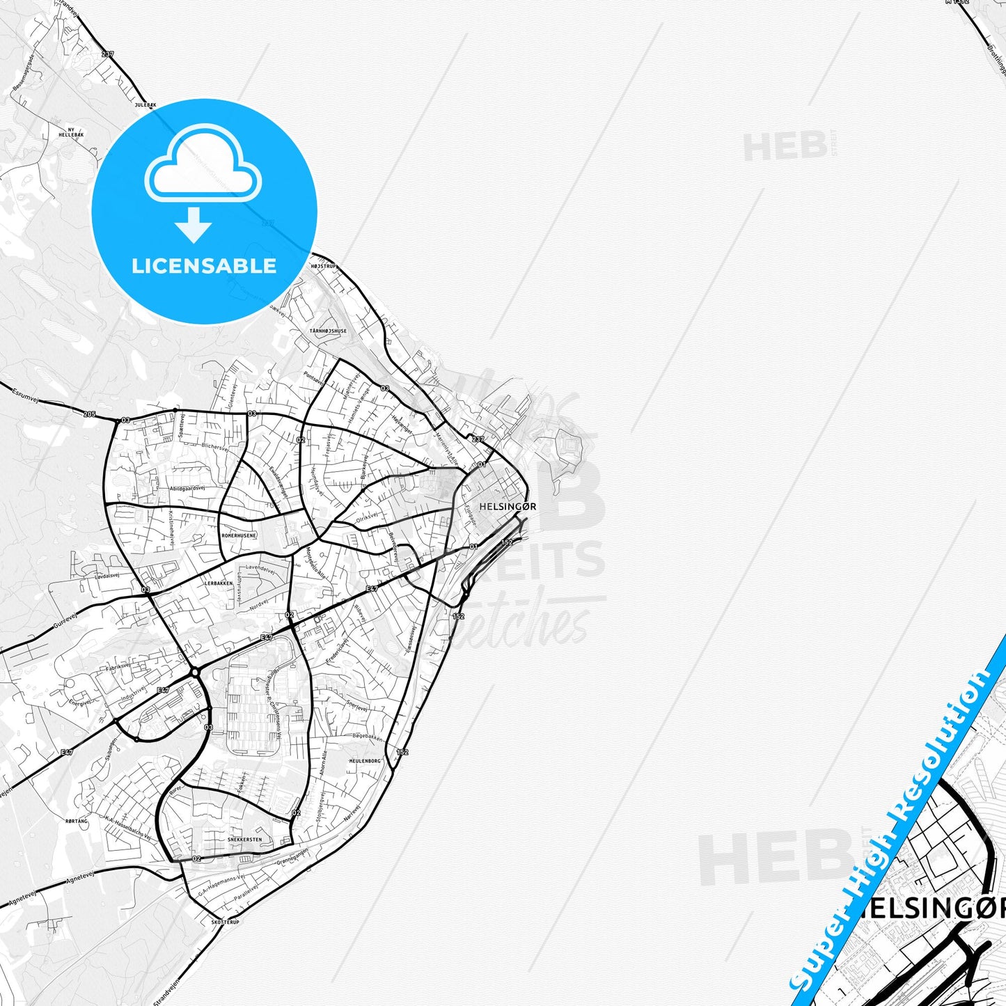 Helsingør, Denmark Light Map with Street Names, City Names, and Districts