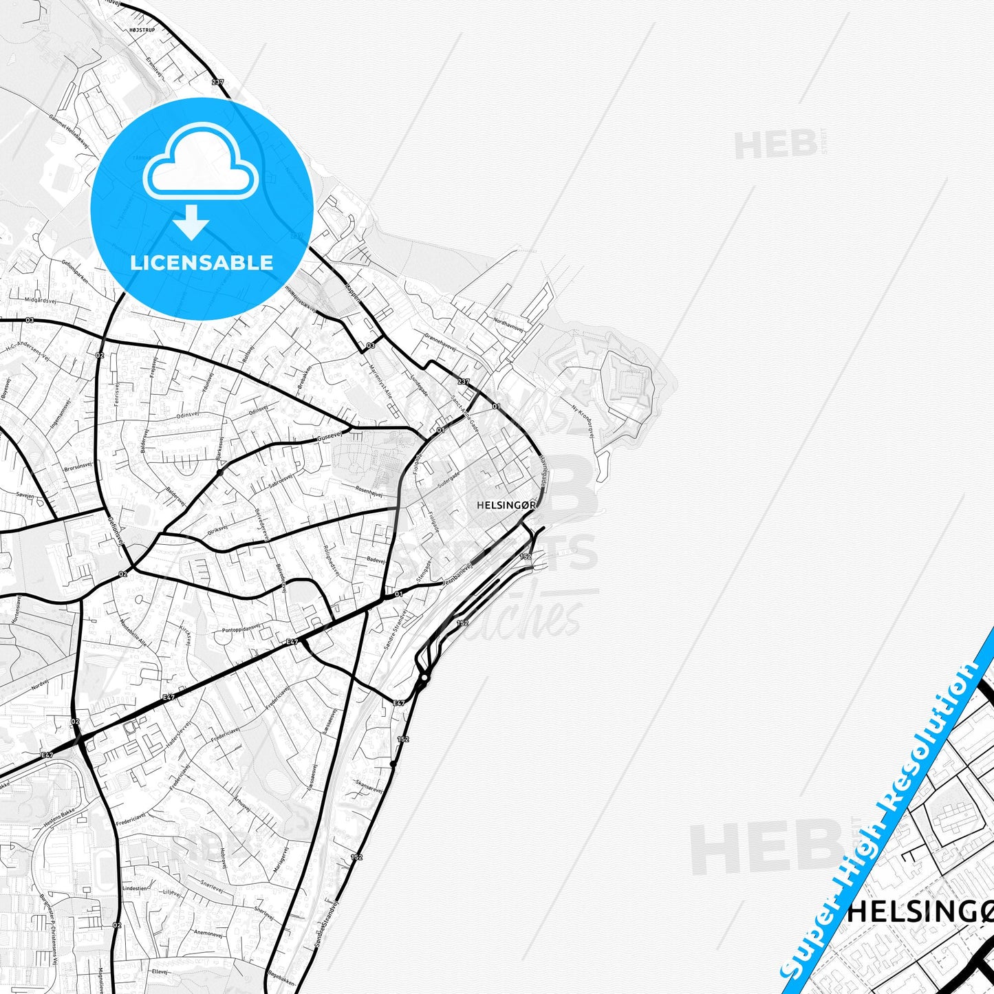 Helsingør, Denmark Light Map with Street Names, City Names, and Districts