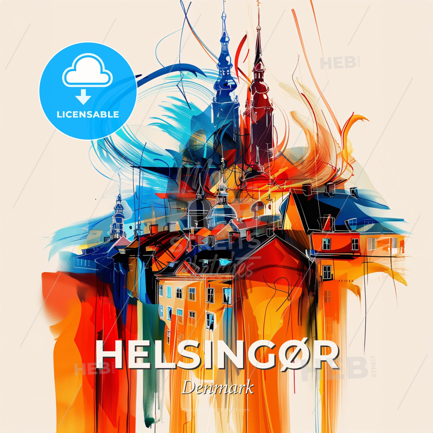 Vibrant Helsingør, Denmark - A Painting Of Buildings And Towers - Square format print template