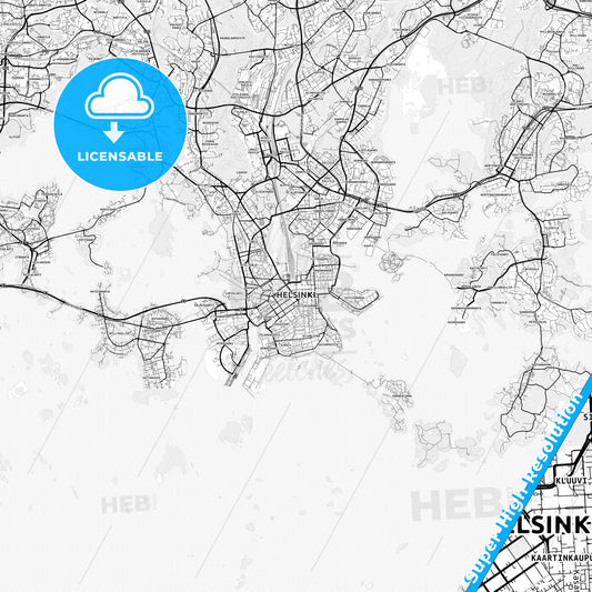 Helsinki, Finland light map with streetnames, citynames and districts