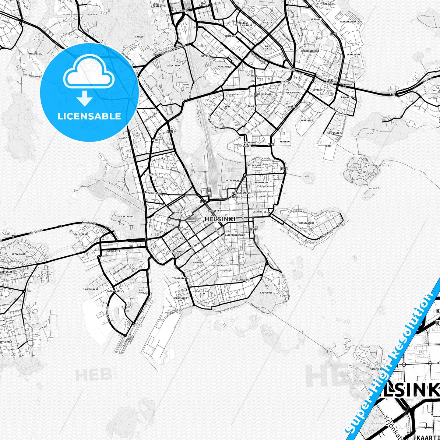 Helsinki, Finland Light Map with Street Names, City Names, and Districts