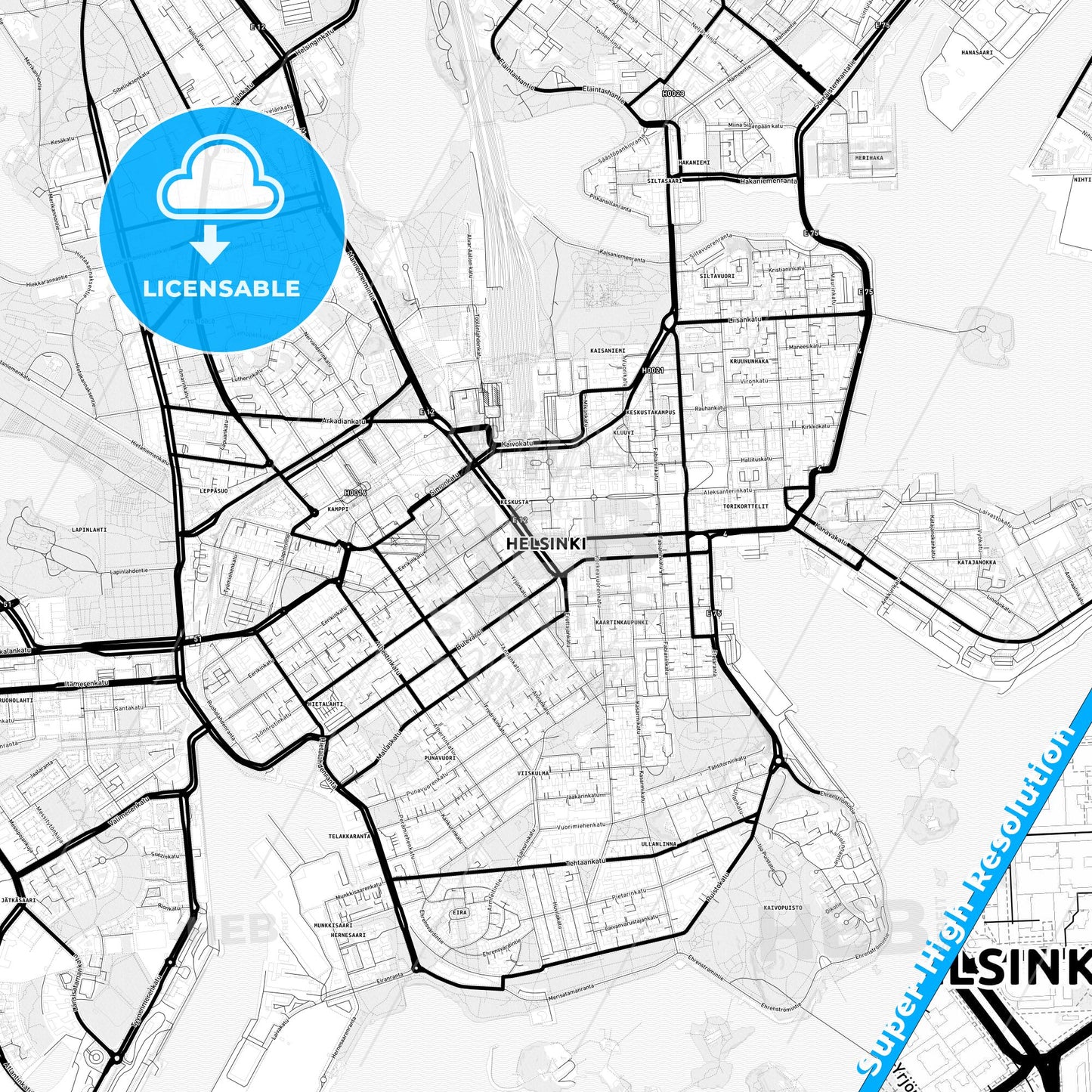 Helsinki, Finland Light Map with Street Names, City Names, and Districts