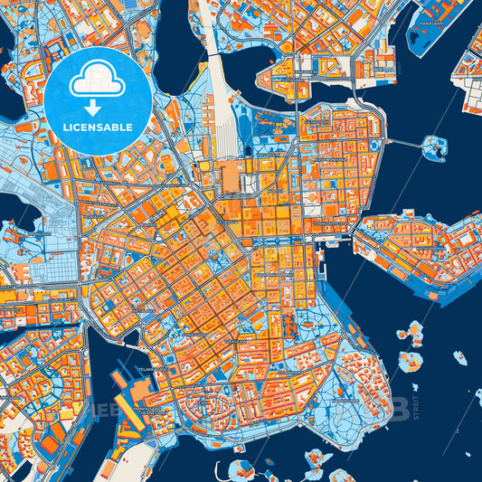 Colorful Helsinki Street Map with Labels and Buildings