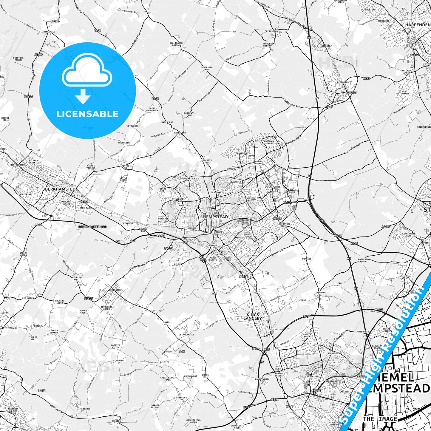 Hemel Hempstead, England light map with streetnames, citynames and districts