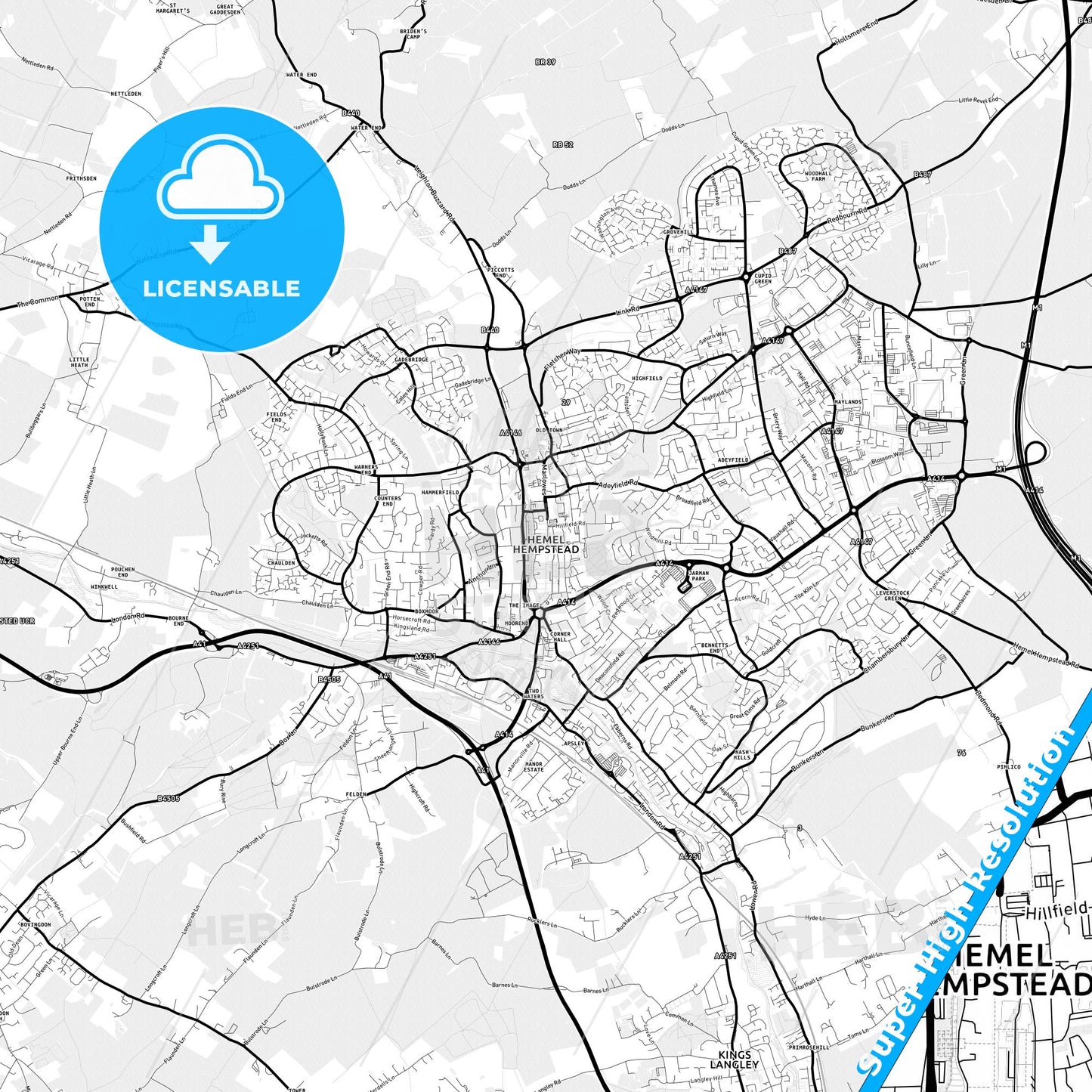 Hemel Hempstead, England Light Map with Street Names, City Names, and Districts