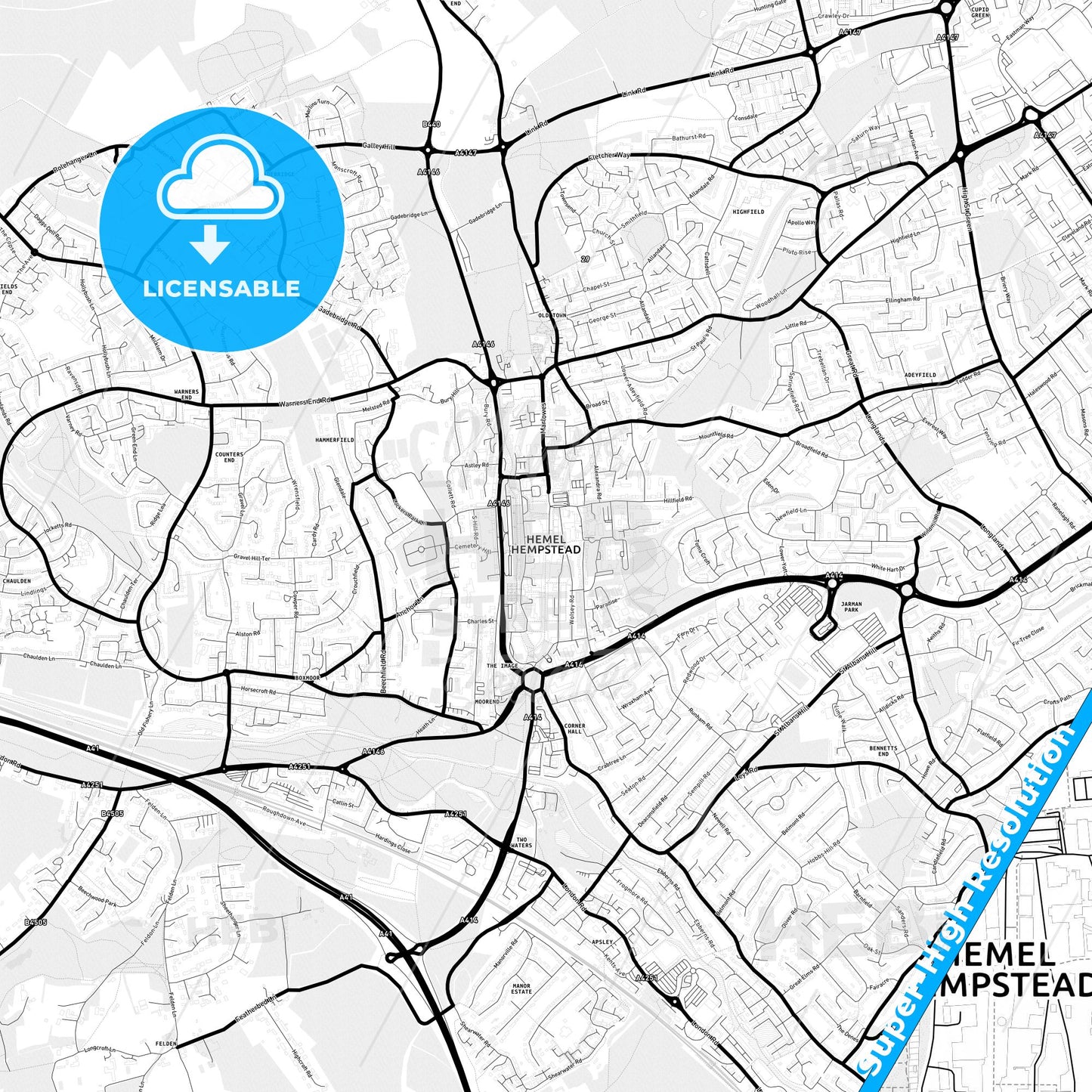 Hemel Hempstead, England Light Map with Street Names, City Names, and Districts